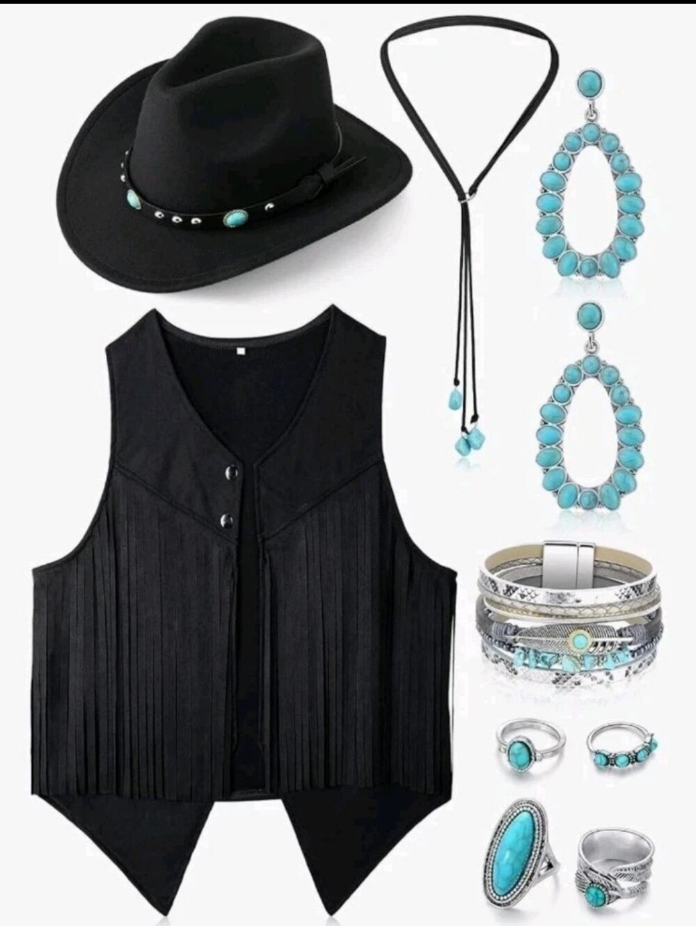 Cowgirl Fringe Vest Boho Cowboy Hat Turquoise Jewelry Kit for Halloween Costume